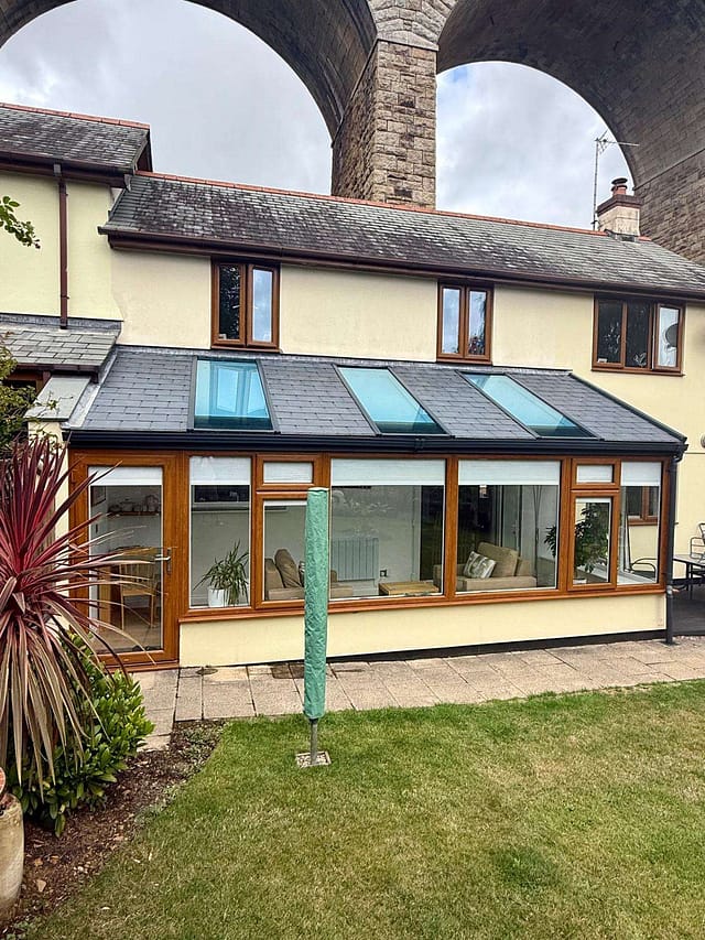 Front view of a completed glazed extension in Angarrack